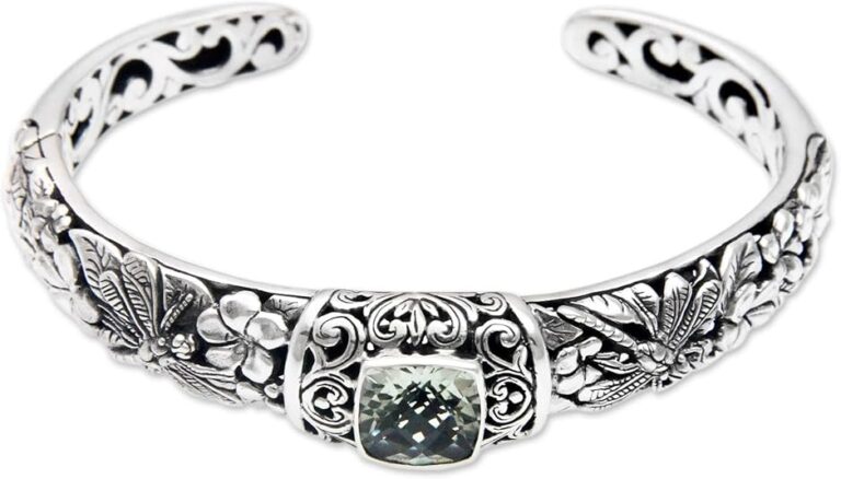 NOVICA Artisan Handmade Prasiolite Cuff Bracelet Sterling Silver Hinged Green Indonesia Animal Themed Floral Dragonfly [6 in L (end to End) x 0.6 in W] ‘ Dragonfly Frangipanis’