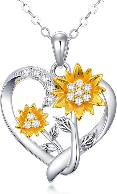 14K Real Gold Nature Diamond Heart Necklace for Women,White/Yellow Gold Sunflower Heart Pendant | You are My Sunshine,Anniversary Birthday Love Jewelry Gifts for Wife Mom 16″-18”