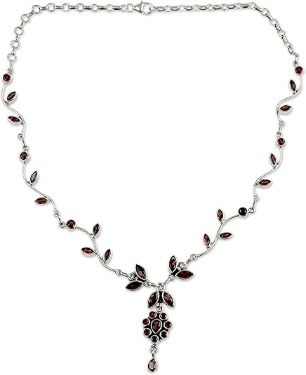 NOVICA Artisan Handmade Garnet Flower Necklace Floral Jewelry Sterling Silver Red Pendant India Birthstone Romantic