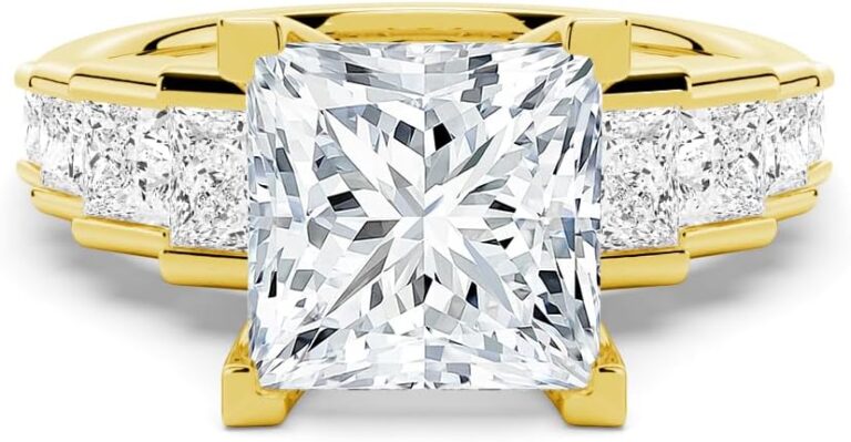 MSBLUE Moissanite Engagement Ring, Staircase Princess Cut, 14K White Gold Vermeil, Wedding Promise Ring