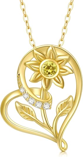 SISGEM Solid 14k Gold Sunflower Heart Necklace for Women