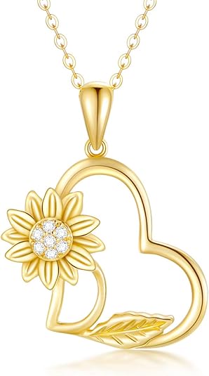 14k Gold Sunflower Heart Necklace for Women,”You are my sunshine”